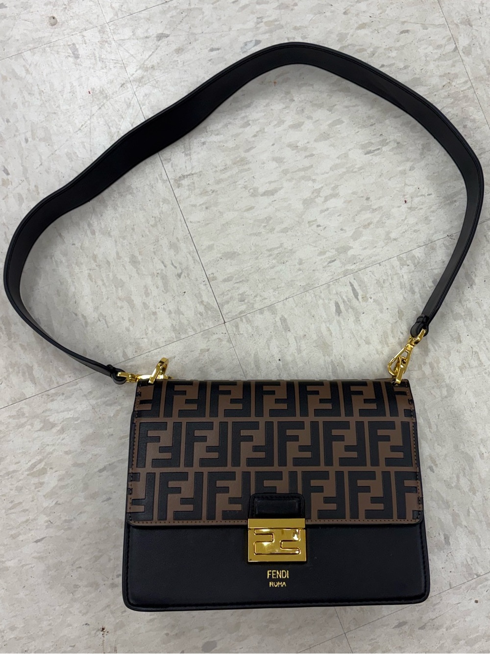Luxe Brown & Black FF Logo Crossbody Bag with Gold Hardware